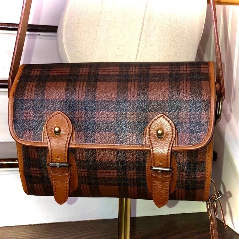 RALPH LAUREN Brown Green Tartan Plaid Rolled Body Crossbody Messenger SaddleBag
